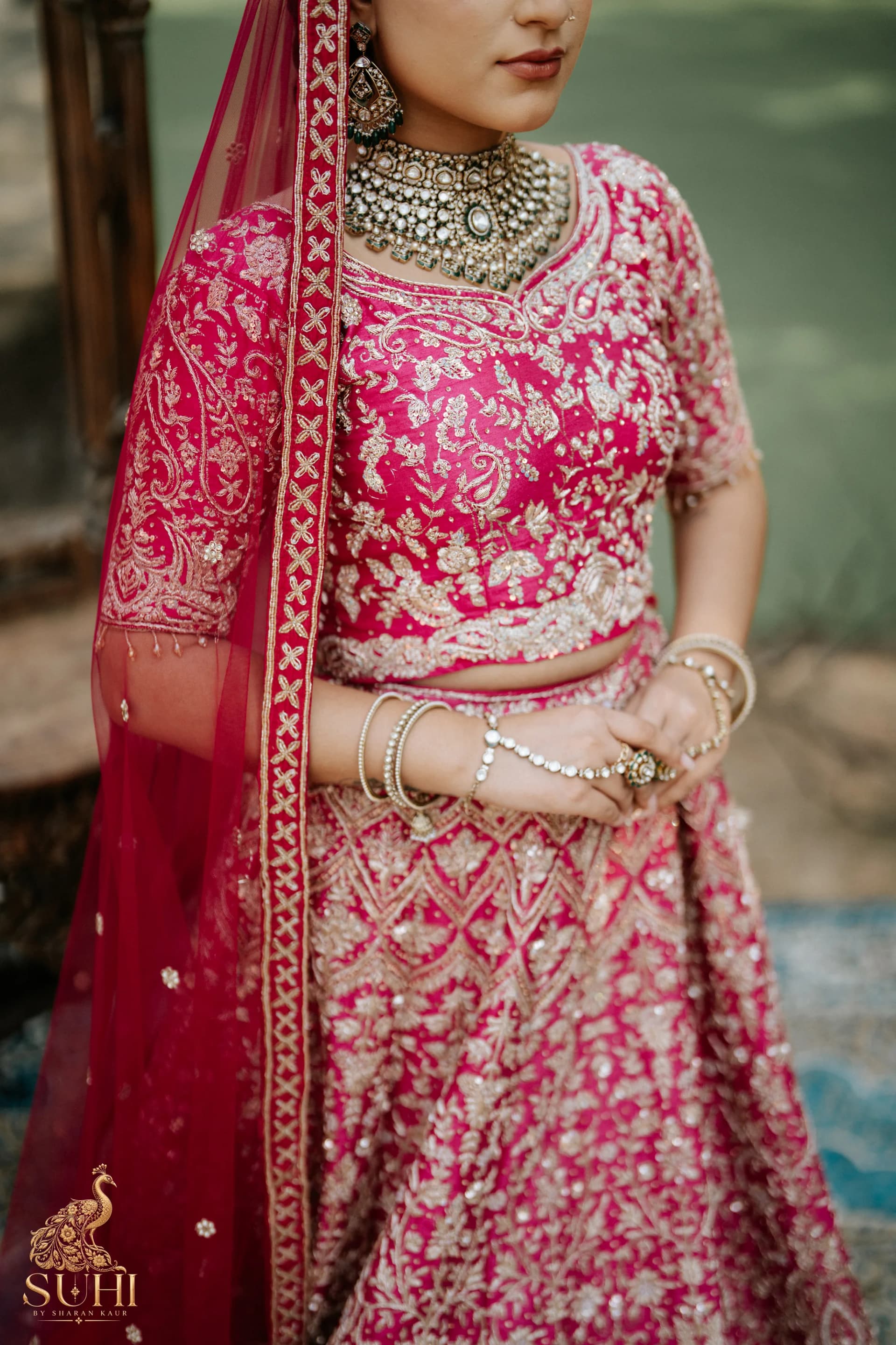RAANI GUL blouse and skirt with dense antique-gold hand embroidery